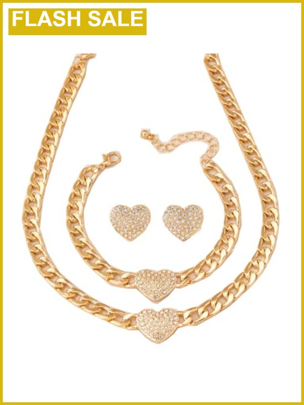 PLOUTOS Heart Pave Cuban Chain Necklace Bracelet Earrings Set Women Jewelry